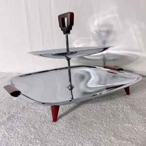 Vintage Glo Hill Gourmates Two Tier Chrome Serving Tray With Bakelite Handles